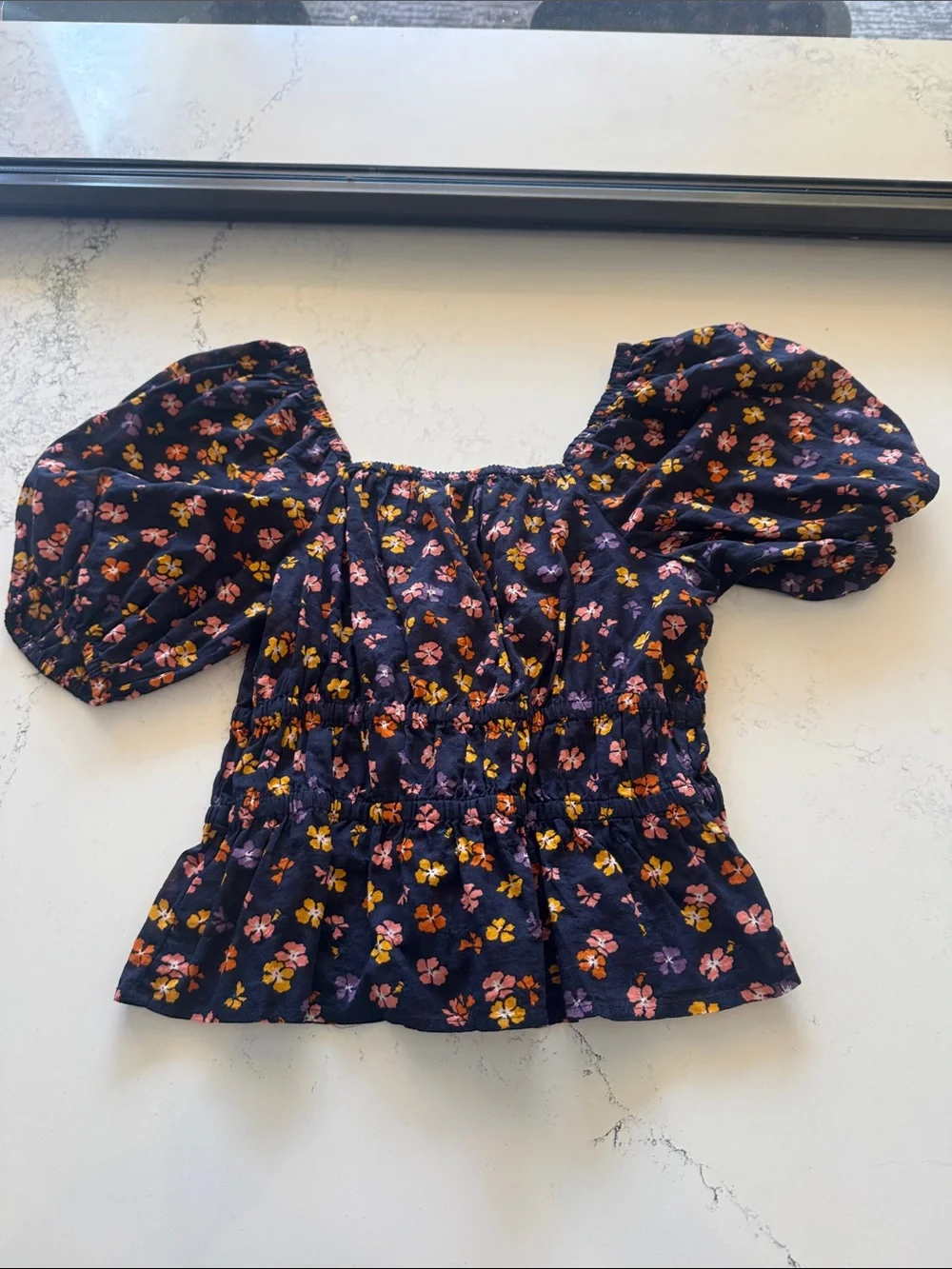 Madewell Navy Floral Puff-Sleeve Top